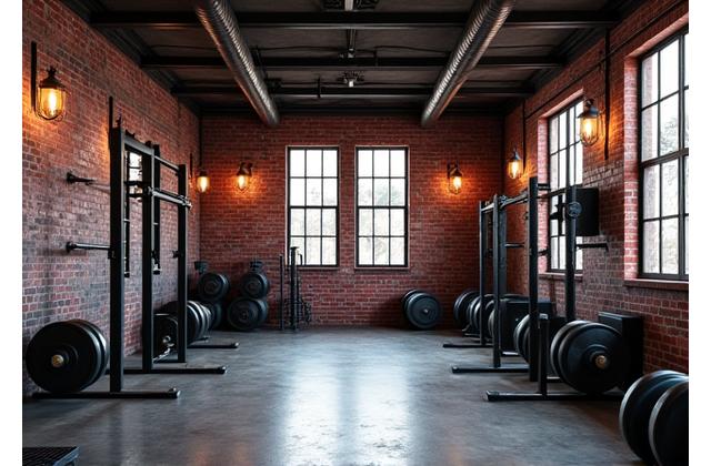 Industrial chic home gym with exposed brick, metal accents, and robust equipment