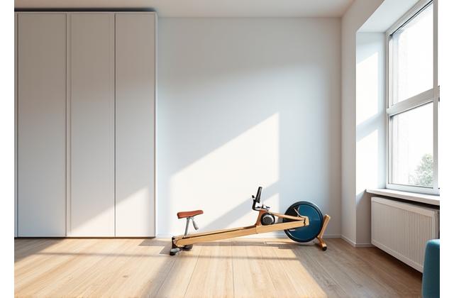 Modern minimalist home gym with clean lines, neutral colors, and hidden storage